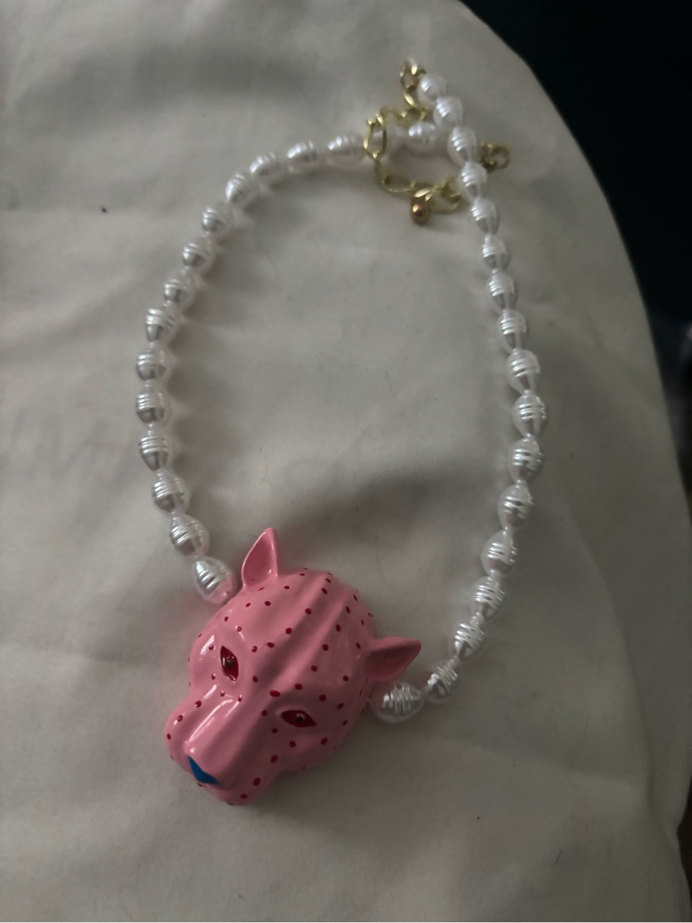 Unique Pink leopard  Face faux pearl Necklace - vintage style
